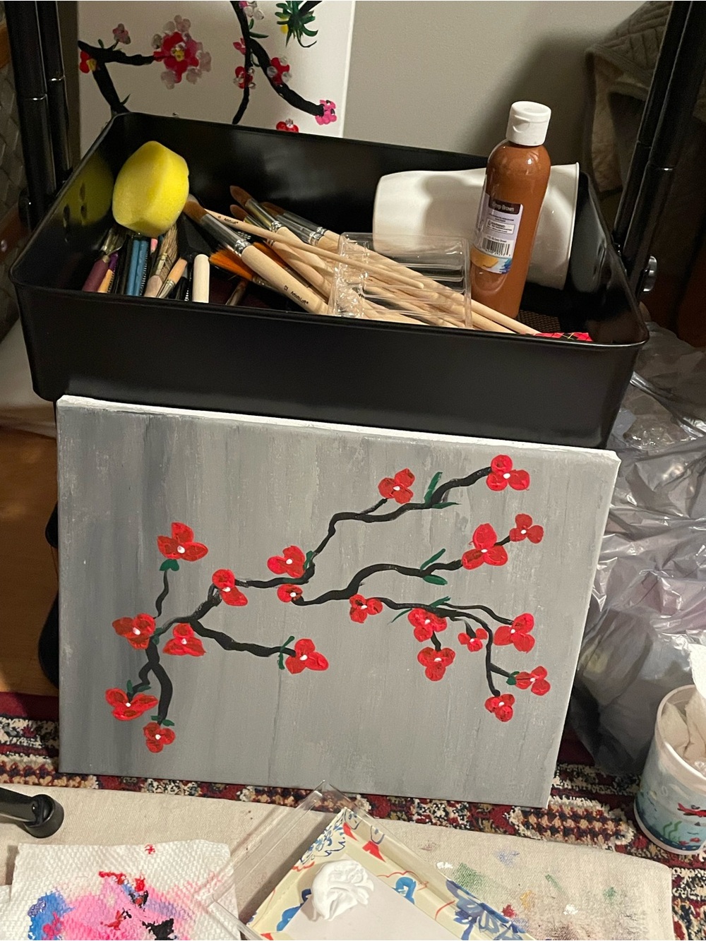 Handmade Cherry Blossom Canvas Wall Art - Red & Gray